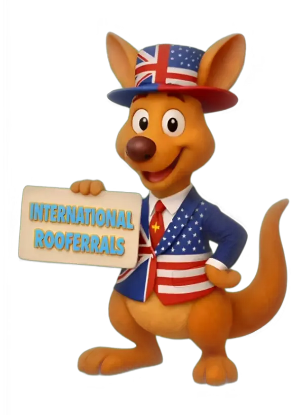 Kangaroo holding a sign for International Rooferrals bonuses.